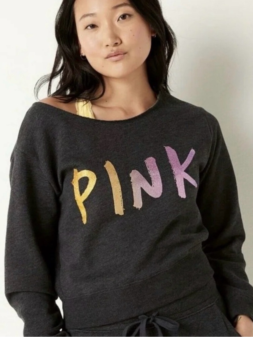 Victoria's Secret PINK off shoulder Brush Shine Ombre Glitter Sweatshirt Gray M